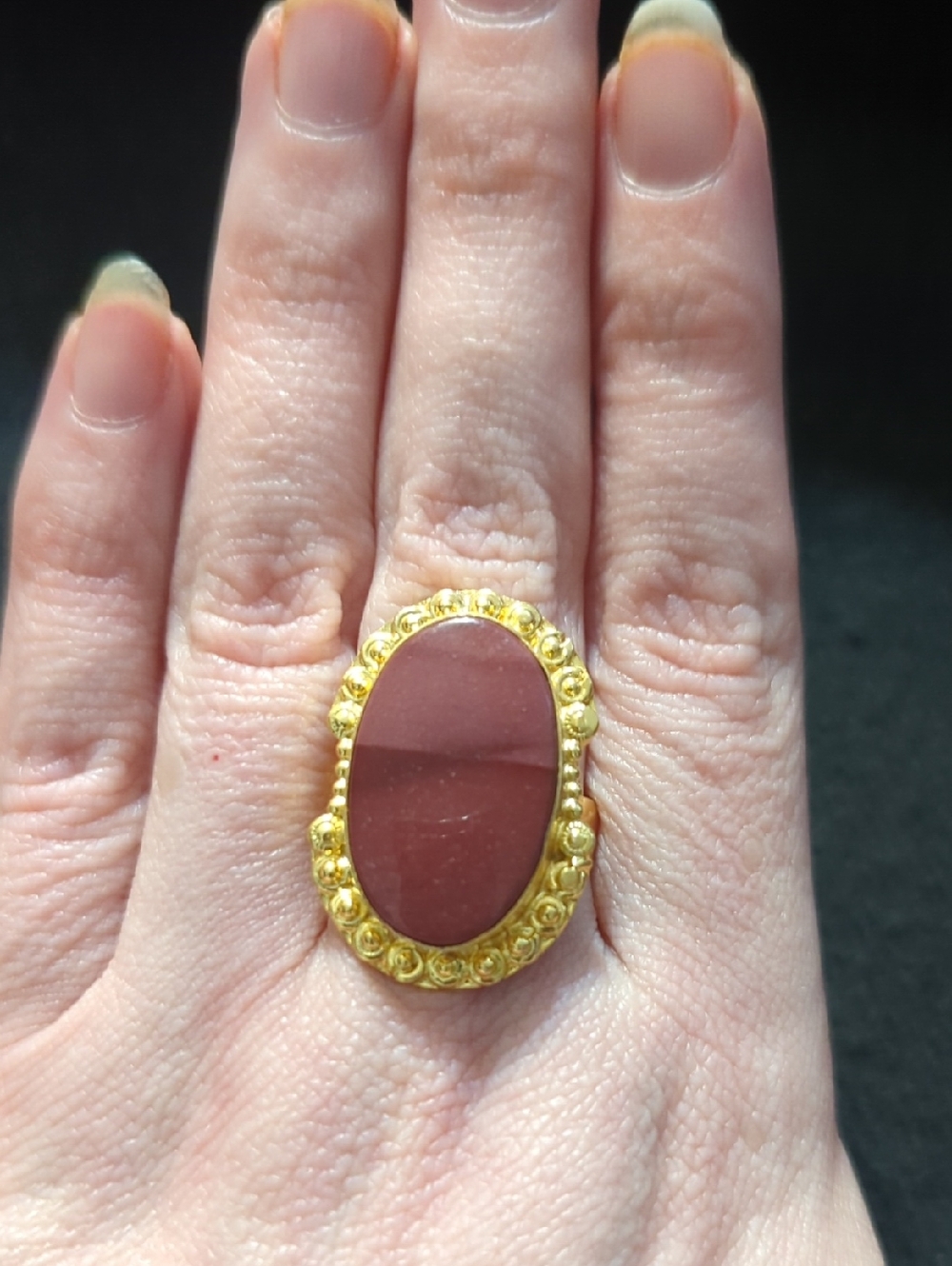 Gold Tone Mauve Mookaite Gemstone Oval Statement Ring - Size 9.5
